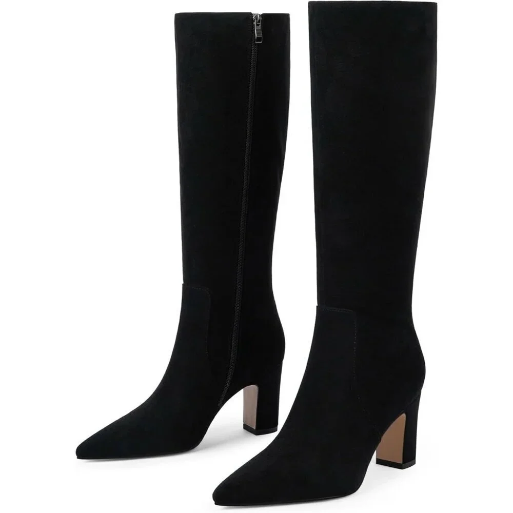 Women Black Chunky Heel Pointed Toe Side Zipper Fall Dressy Comfortable Boots